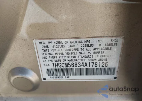 2004 Honda Accord 2.4 Ex from USA, damaged, VIN 1HGCM56834A178126